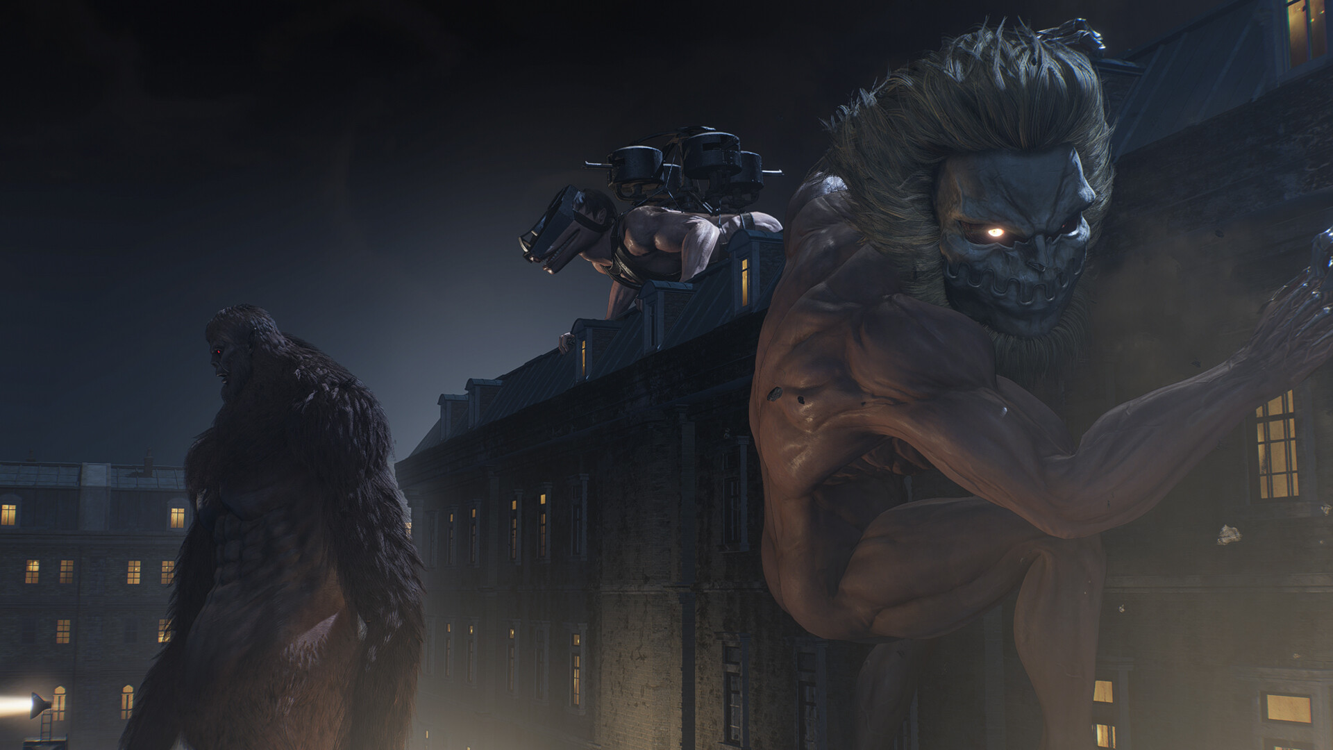 Attack on Titan 3 gameplay screenshot showing Titans towering over a city at night, with the Jaw Titan in the foreground
