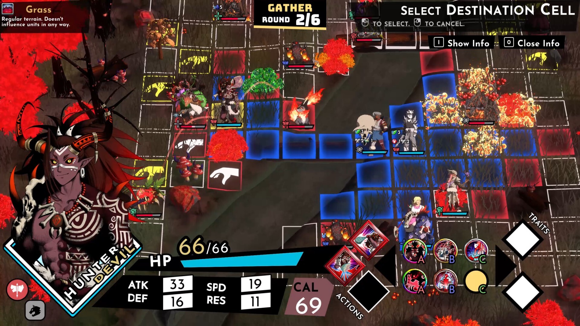 Food Devils gameplay screenshot showing a tactical battle grid with the Hunter Devil character portrait and stats in the lower left