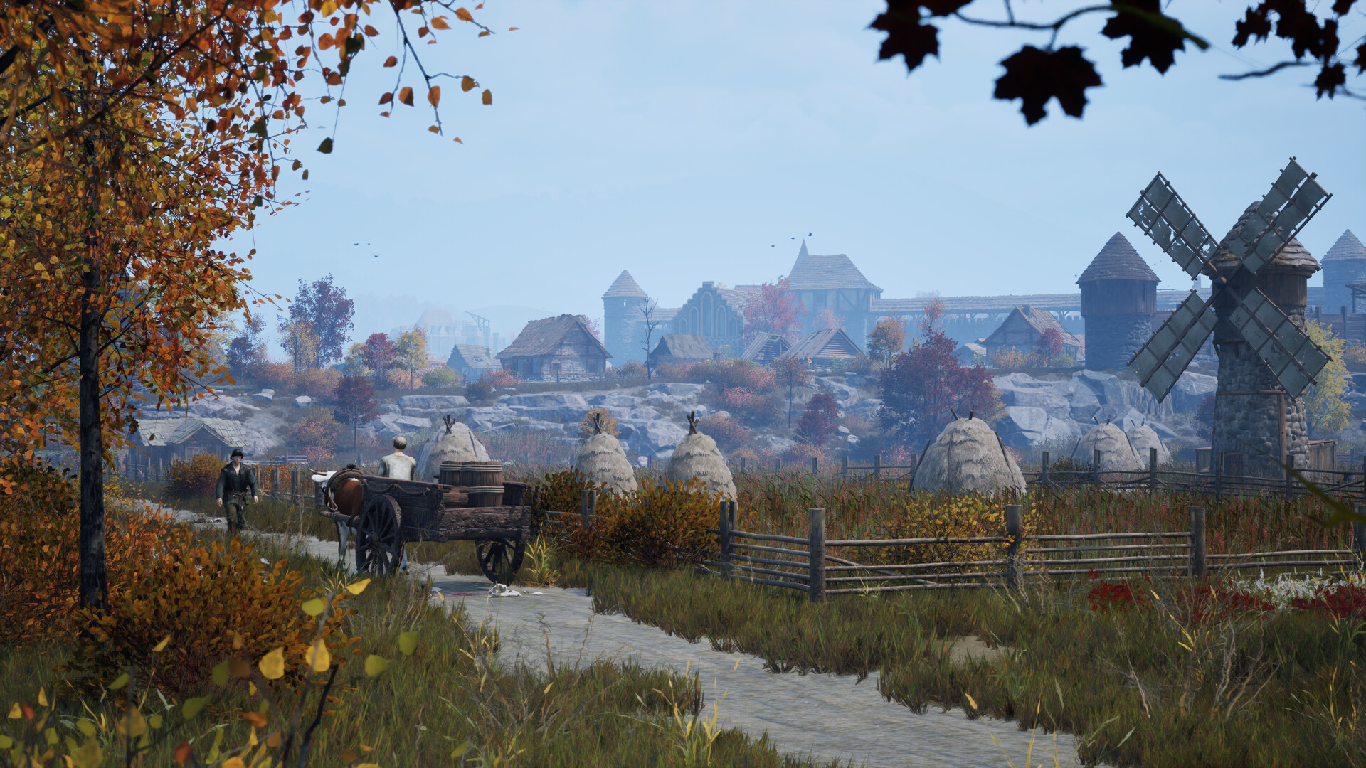 The Guild 1 Remake Europa 1410 gameplay screenshot showing a horse cart on a path past haystacks and a windmill toward a medieval town.