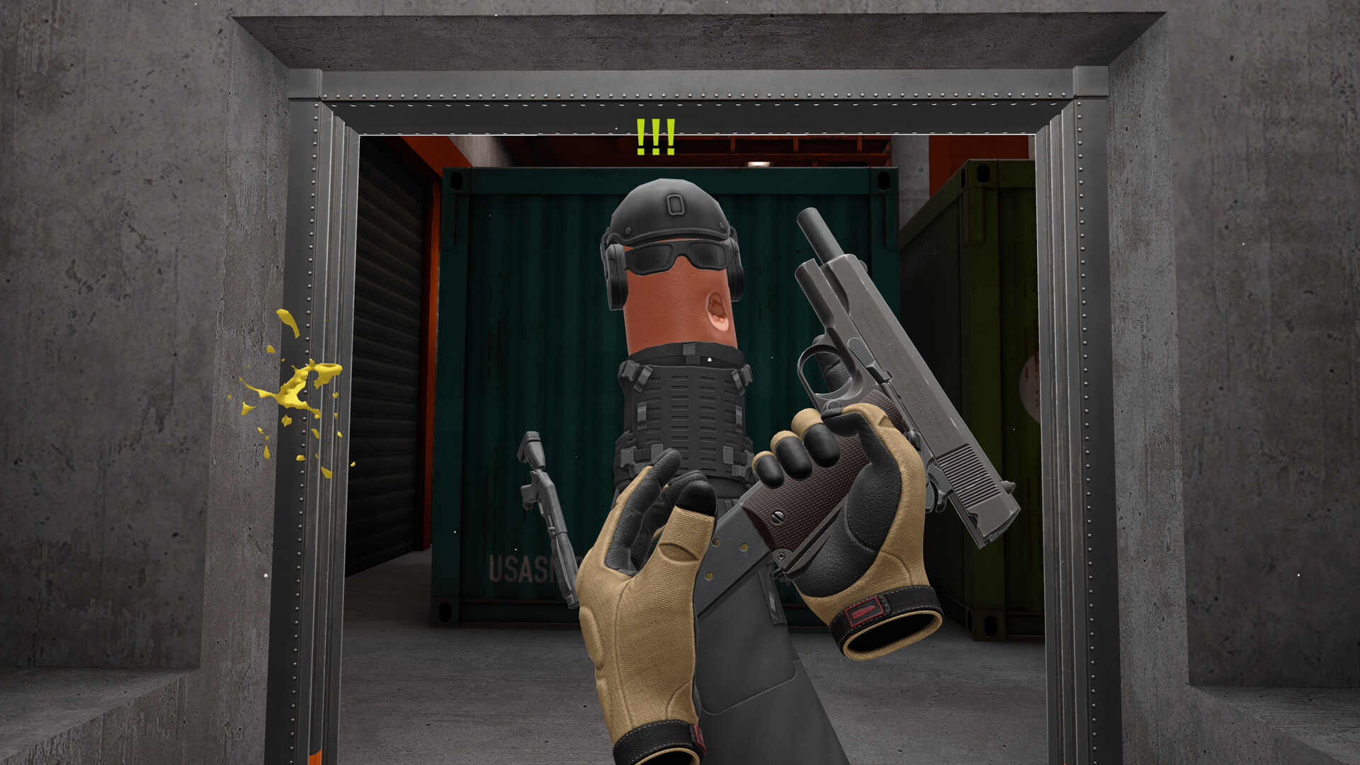 Hot Dogs, Horseshoes & Hand Grenades 2 gameplay screenshot, a first-person VR view holding a pistol while facing a sosig enemy in tactical gear