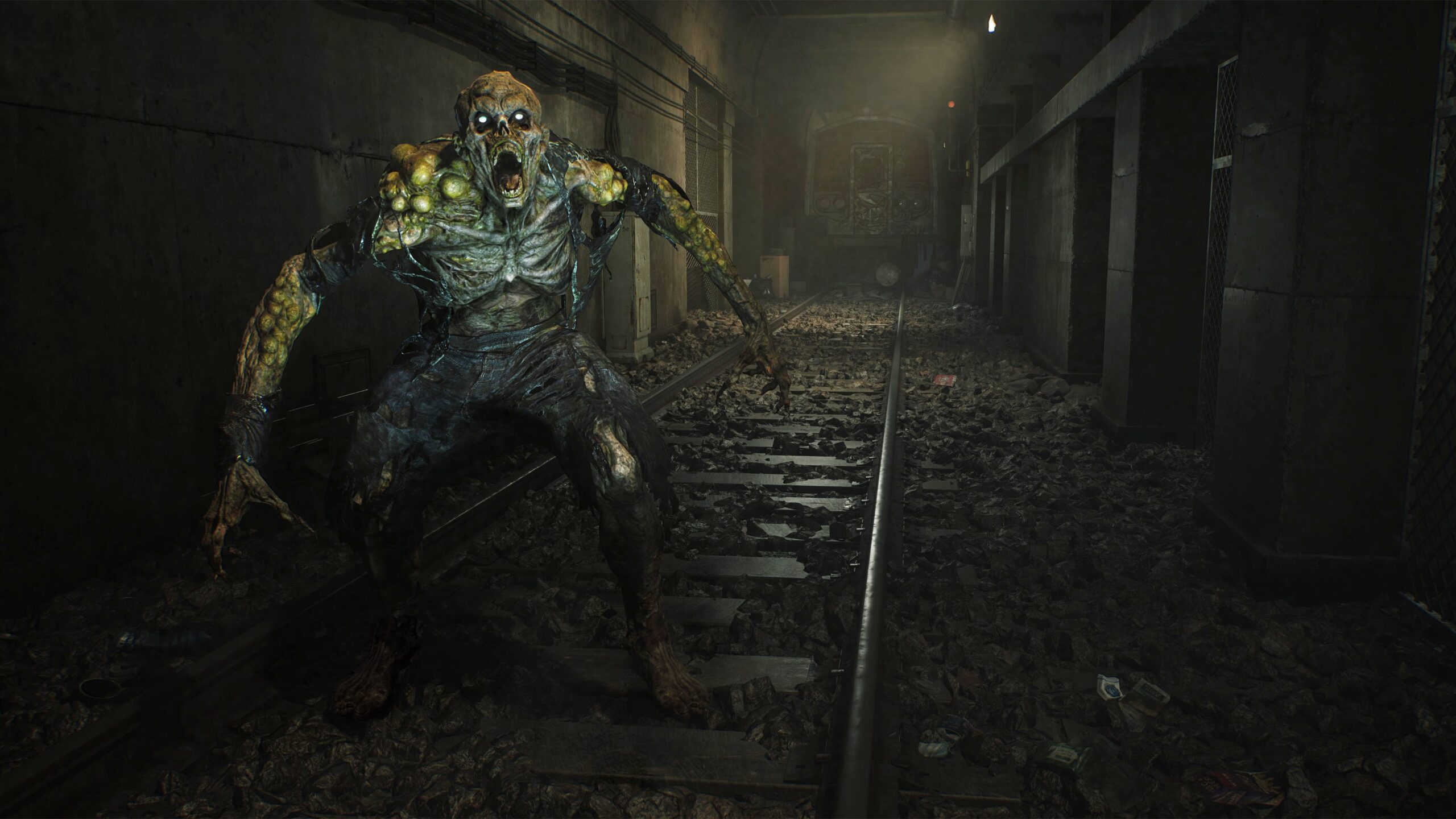Hunter: The Reckoning - Deathwish screenshot showing a monstrous creature covered in glowing growths lunging forward on the tracks of a dark subway tunnel