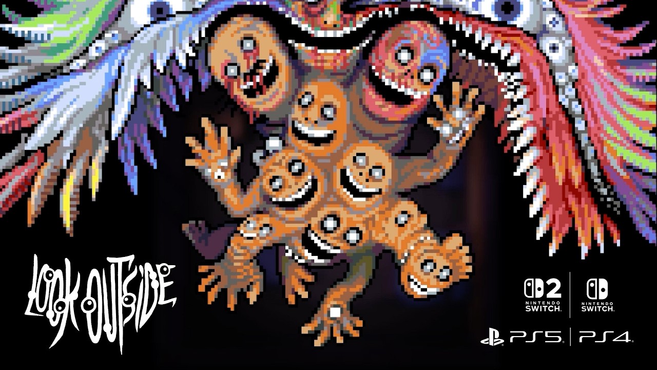 Look Outside pixel-art horror artwork showing a multi-faced monster creature from the game (art: Devolver Digital / Francis Coulombe)