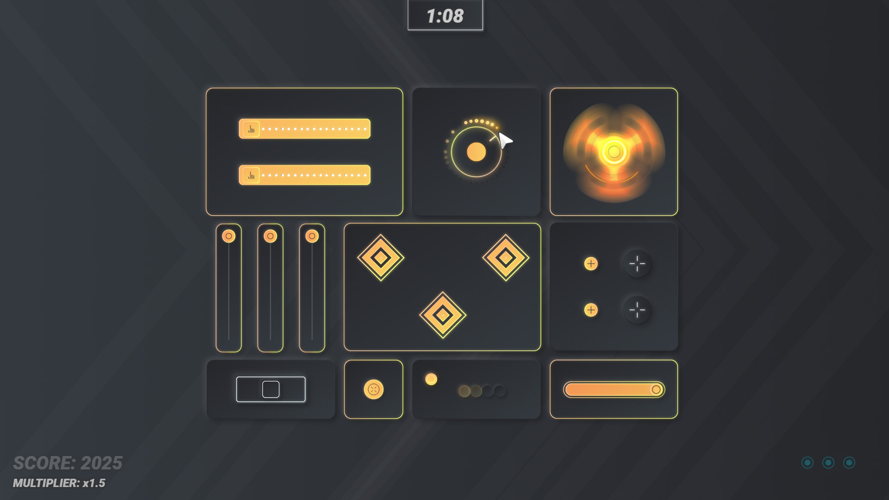 Neuron Activation gameplay screenshot showing a dark control panel with sliders, dials and a glowing orange fidget spinner, with a score of 2025 on screen