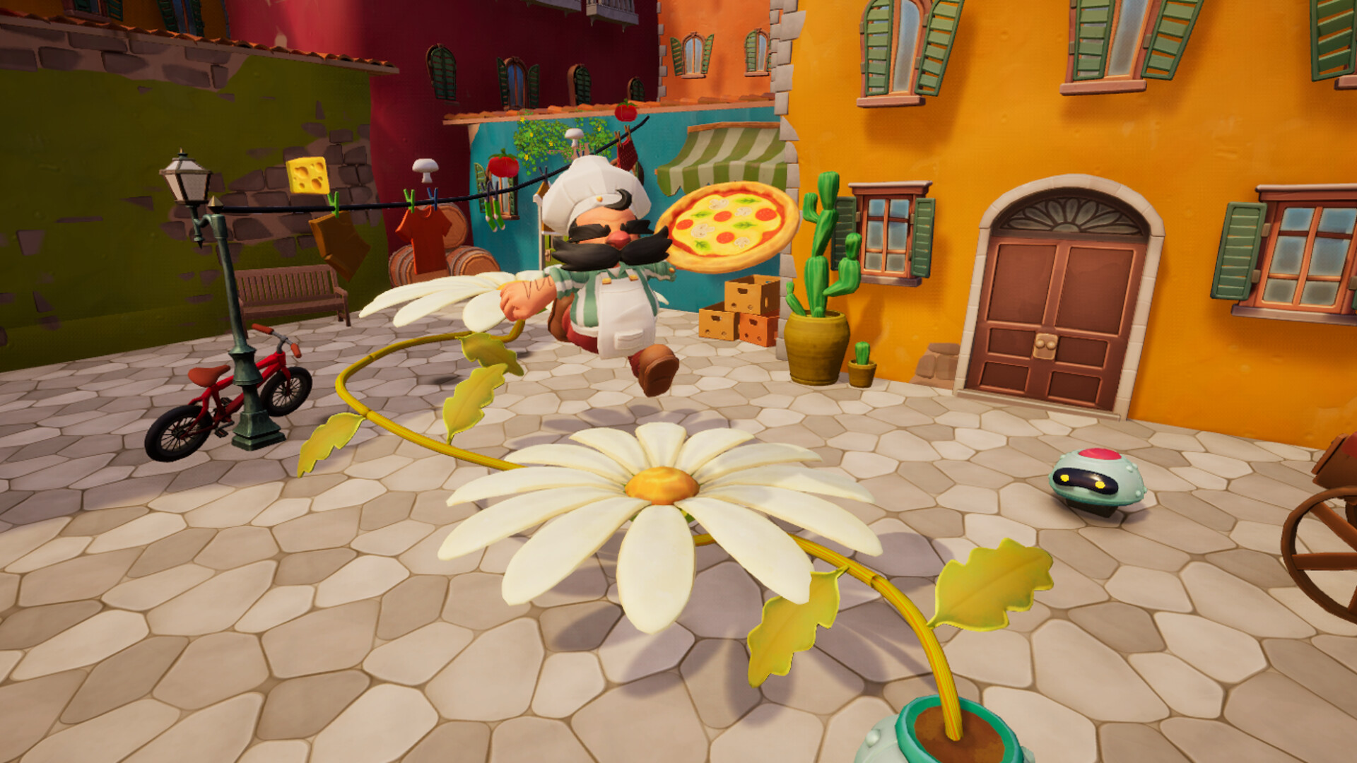 Pizzapocalypse A Slice of Hope gameplay screenshot showing the chef holding a pizza in a cobbled courtyard