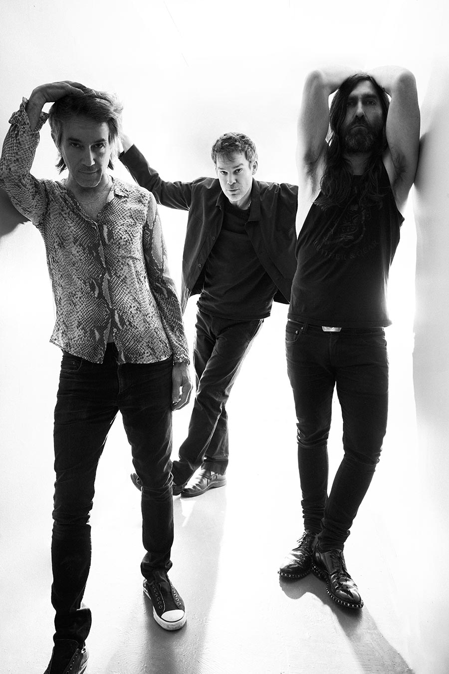 Princess Goes members Matt Katz-Bohen, Michael C. Hall and Peter Yanowitz posing in a black-and-white studio photo (photo: Alexander Thompson)