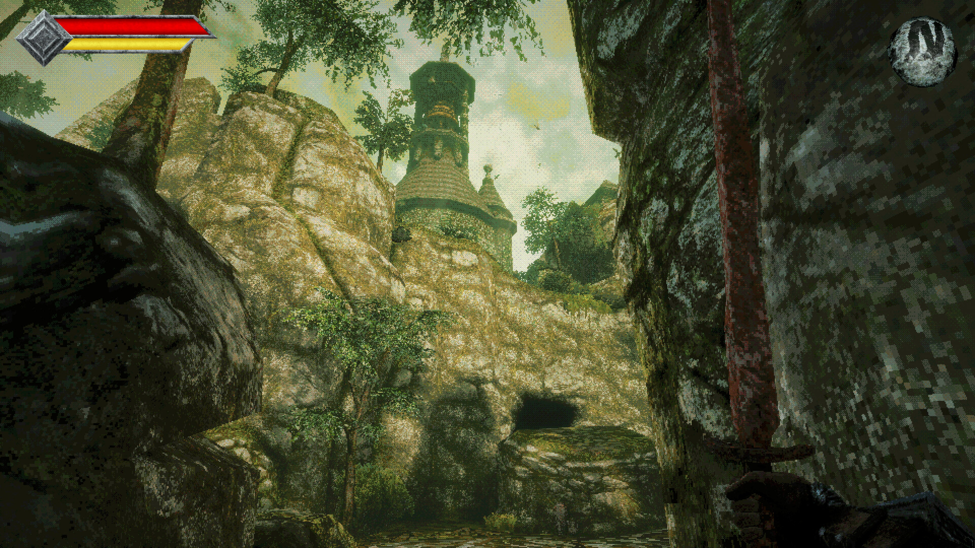 Queen's Domain gameplay screenshot showing a first-person sword view across a rocky gorge toward a stone tower on the Isle of Neasied