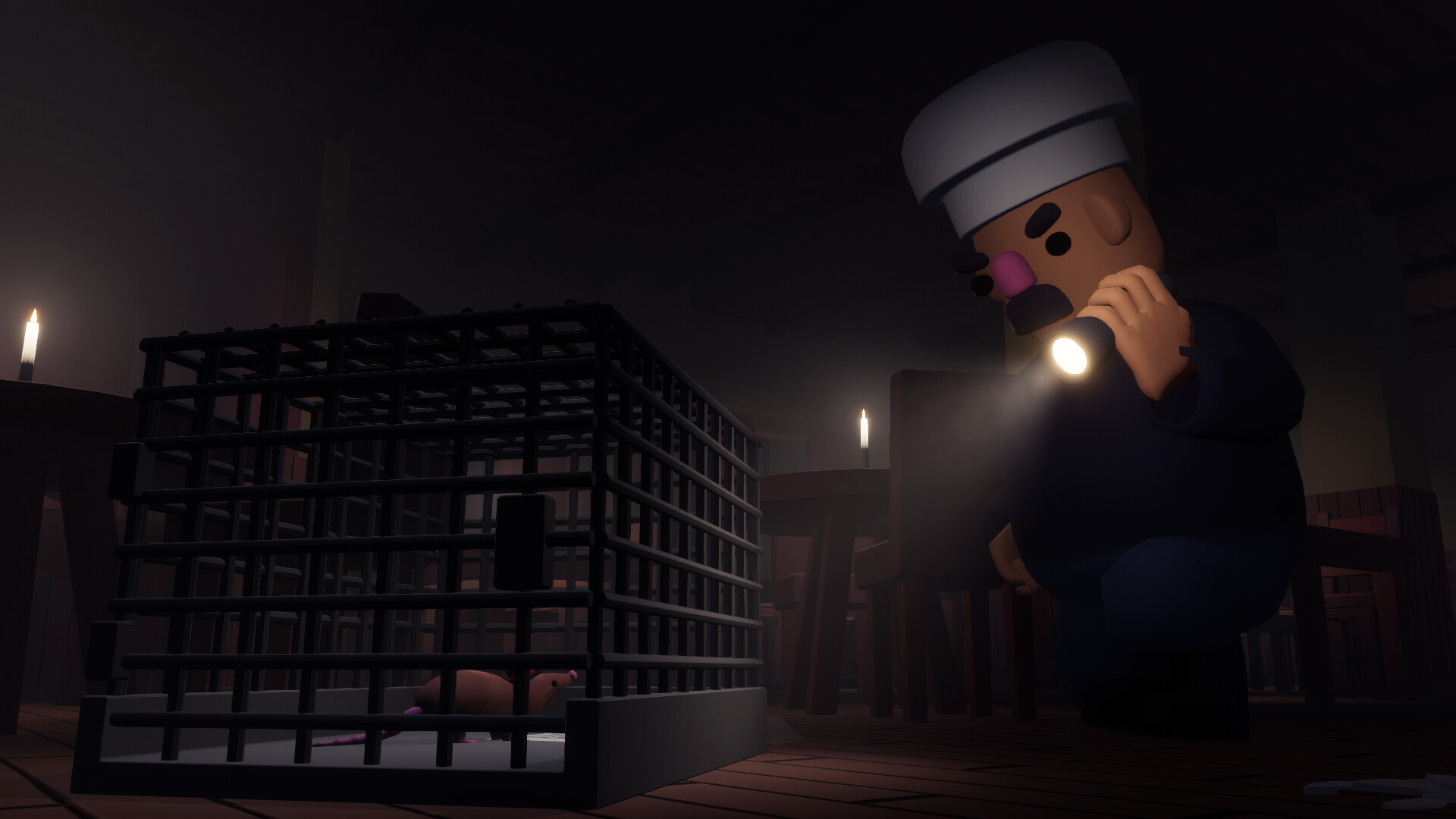 Rat Game gameplay screenshot showing the Chef with a flashlight crouching beside a cage holding a captured rat in the dark restaurant