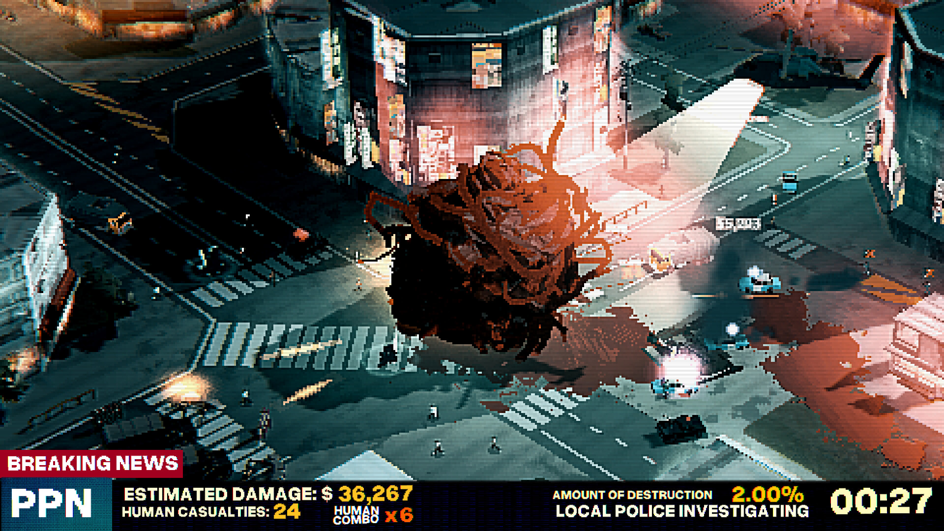 ROLLA gameplay screenshot showing the giant flesh-ball monster rampaging through a downtown intersection, with a breaking news overlay tracking damage, casualties and the countdown timer