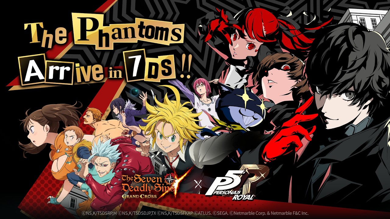 Official key art for The Seven Deadly Sins: Grand Cross x Persona 5 Royal collaboration, showing Joker and the Phantom Thieves alongside Meliodas and The Seven Deadly Sins heroes