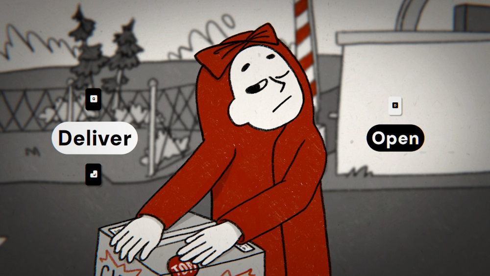 Tom the Postgirl gameplay artwork showing Tom in a red hooded outfit delivering a parcel in a hand-drawn village scene