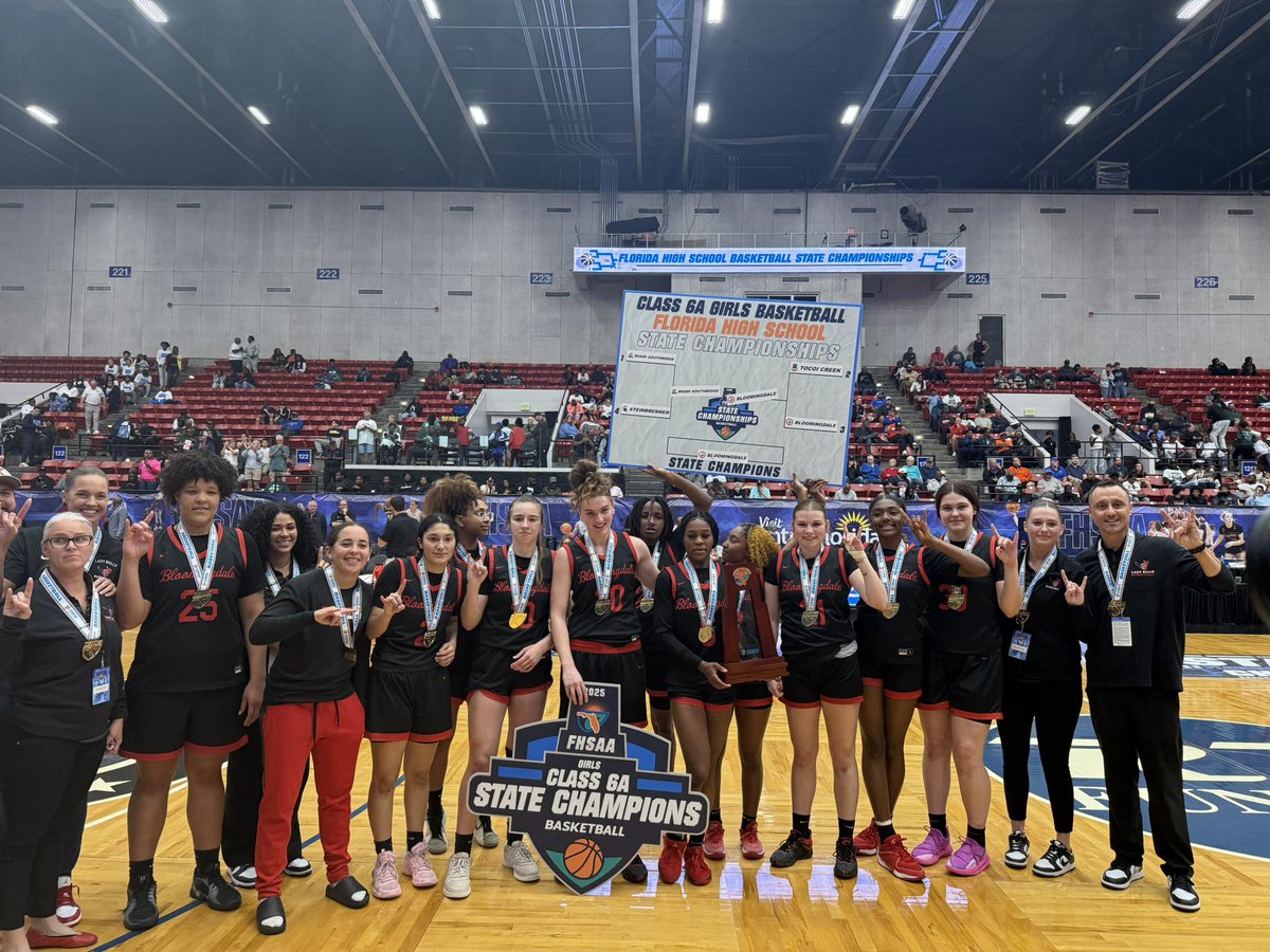 Bloomingdale girls basketball team celebrating the 2025 FHSAA Class 6A state championship