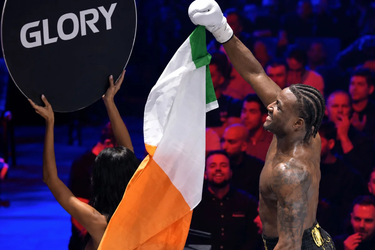Joshua Akingbade celebrates his GLORY debut victory at GLORY 110 in Antwerp.