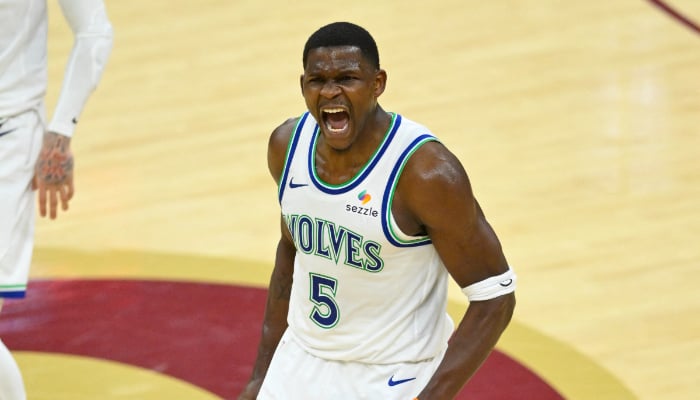Minnesota Timberwolves guard Anthony Edwards celebrates in the fourth quarter against the Cleveland Cavaliers on Oct. 26, 2026 at Rocket Arena in Cleveland