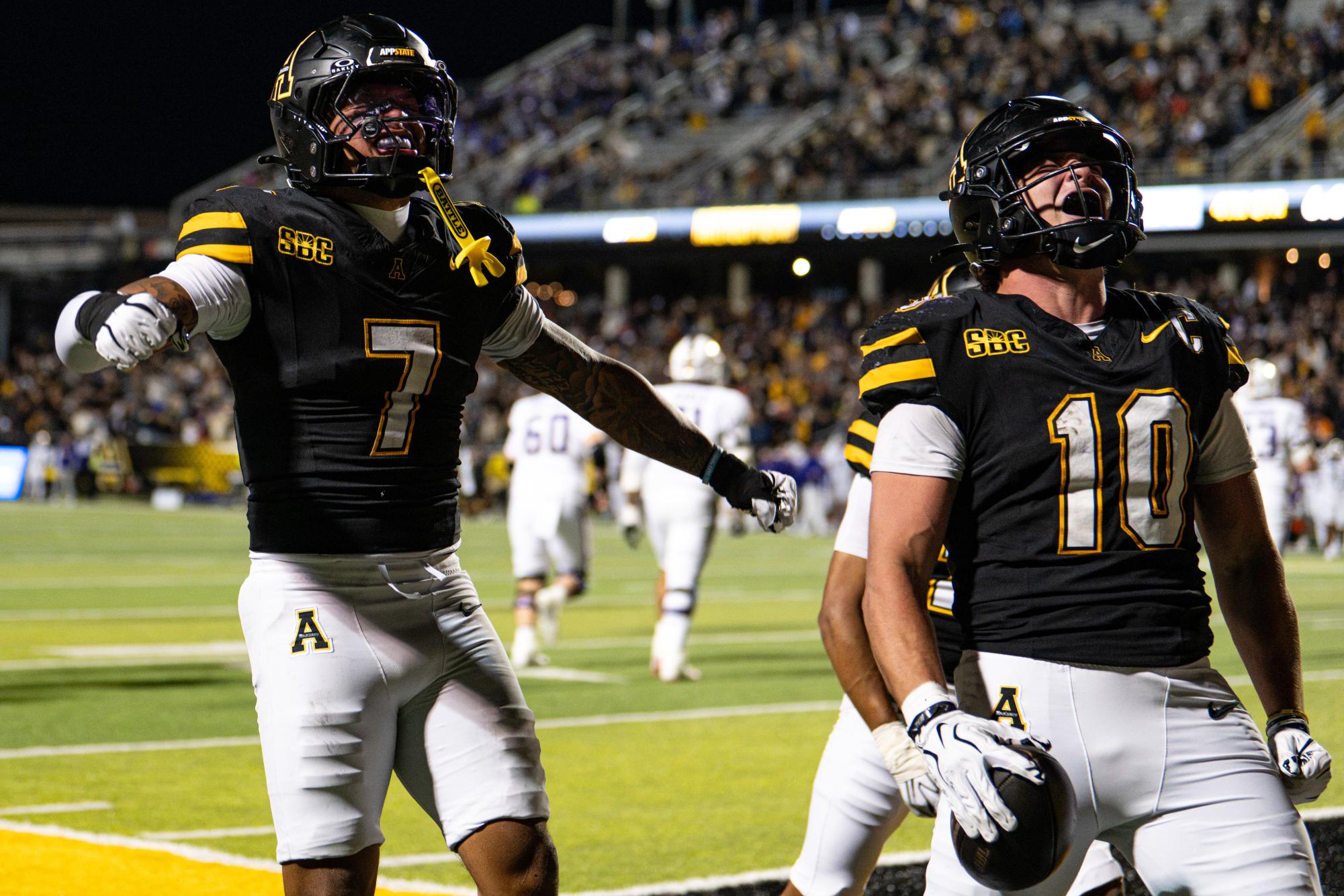 Appalachian State players celebrate against James Madison at Kidd Brewer Stadium on Oct. 22, 2026