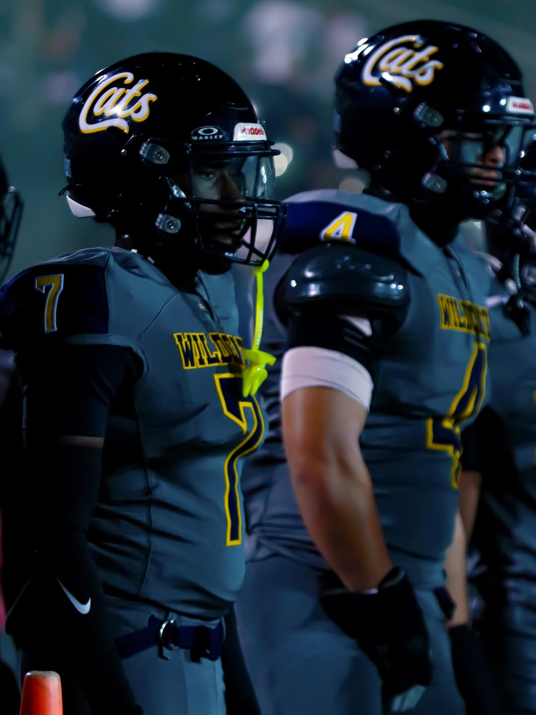 Two Wheeler Wildcats players in gray jerseys and black helmets with the Cats script stand on the sideline under the lights on a Friday night
