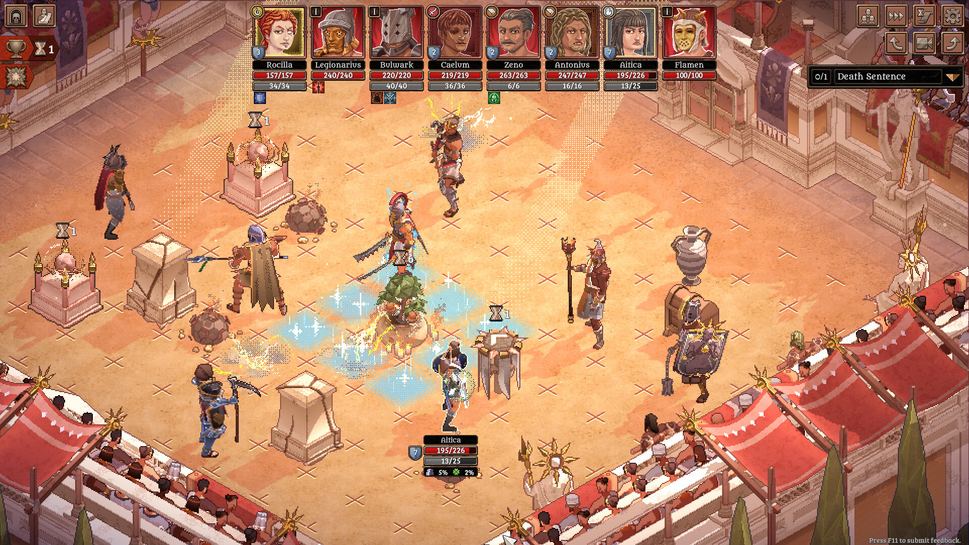 A grid-based arena battle in Bloodgrounds, with gladiators positioned across the sand and the squad's portraits and health bars shown at the top of the screen