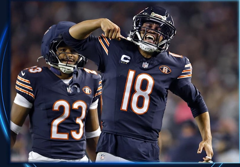 Chicago Bears quarterback Caleb Williams celebrates against the New England Patriots on Oct. 22, 2026