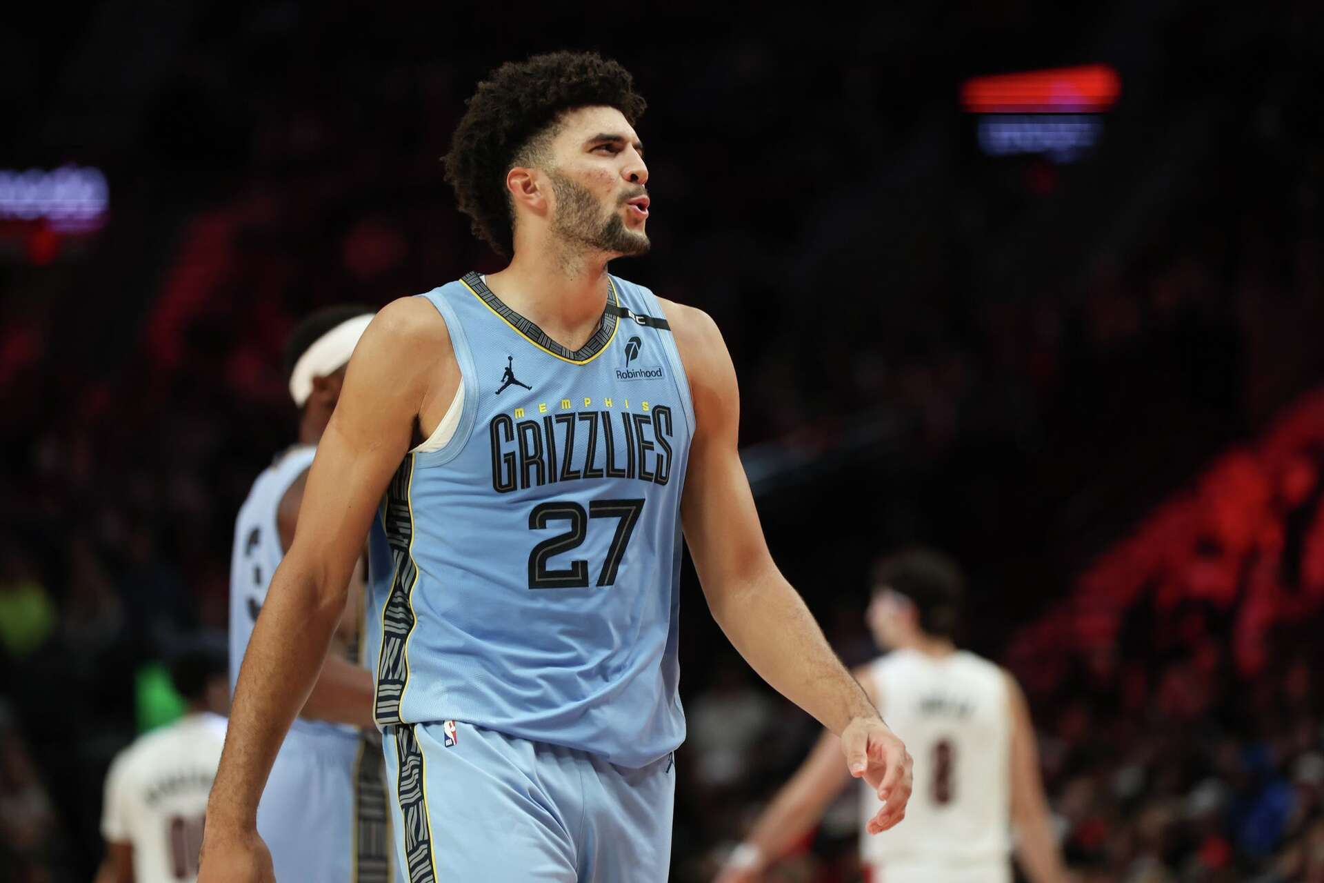 Memphis Grizzlies forward Cameron Boozer reacts during the second half against the Portland Trail Blazers on Oct. 29, 2026 in Portland, Ore. (Amanda Loman/AP)