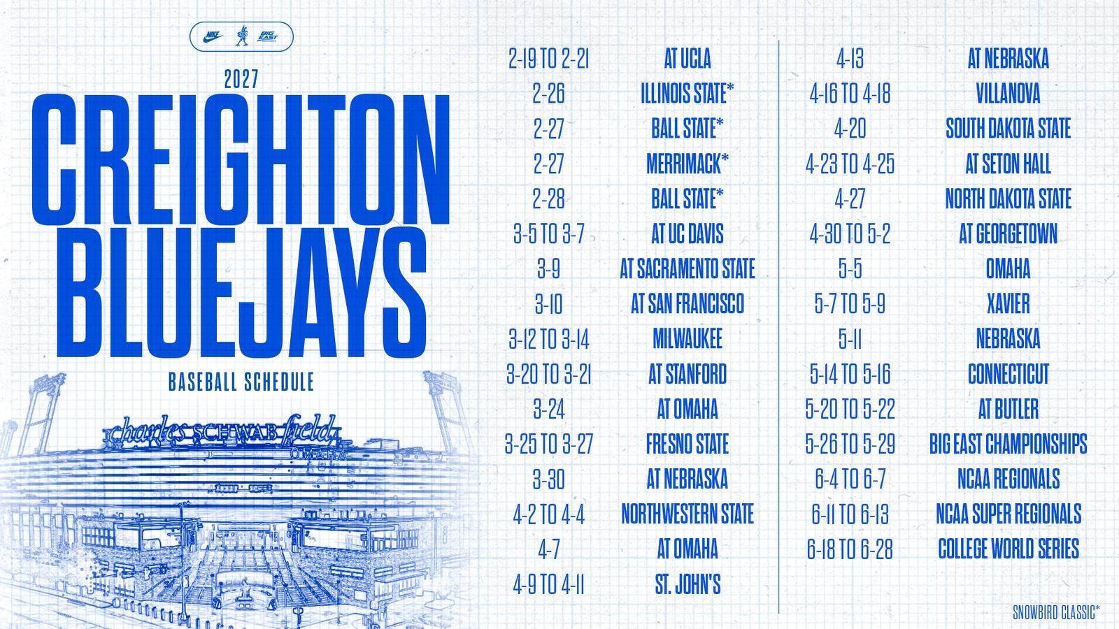 Creighton University Athletics' official 2027 baseball schedule graphic.