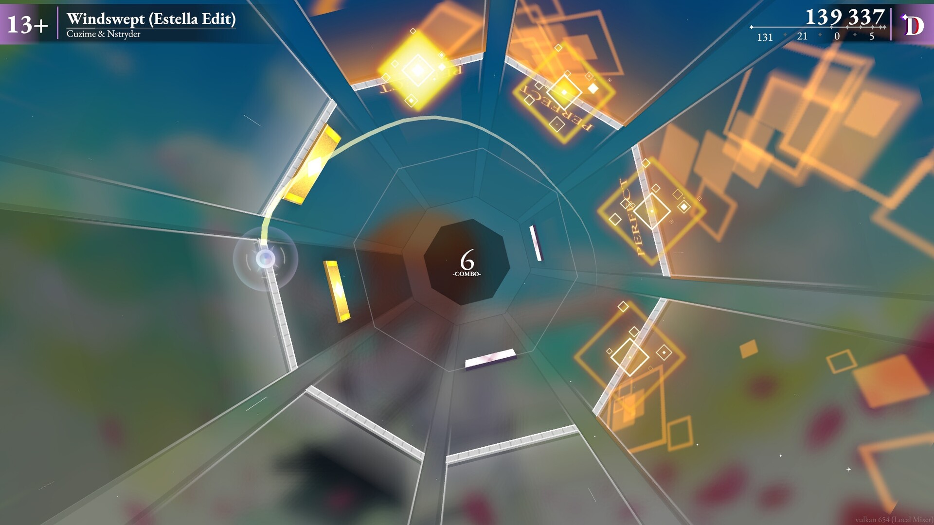 Gameplay from Estella, racing down an octagonal lane hitting notes in the song Windswept