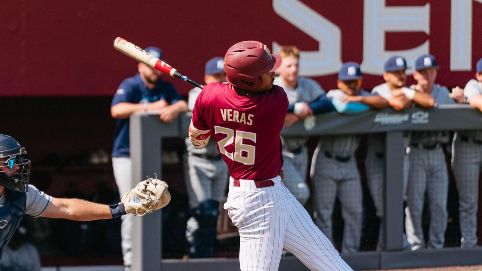Florida State freshman Genson Veras connects against North Florida at Dick Howser Stadium.