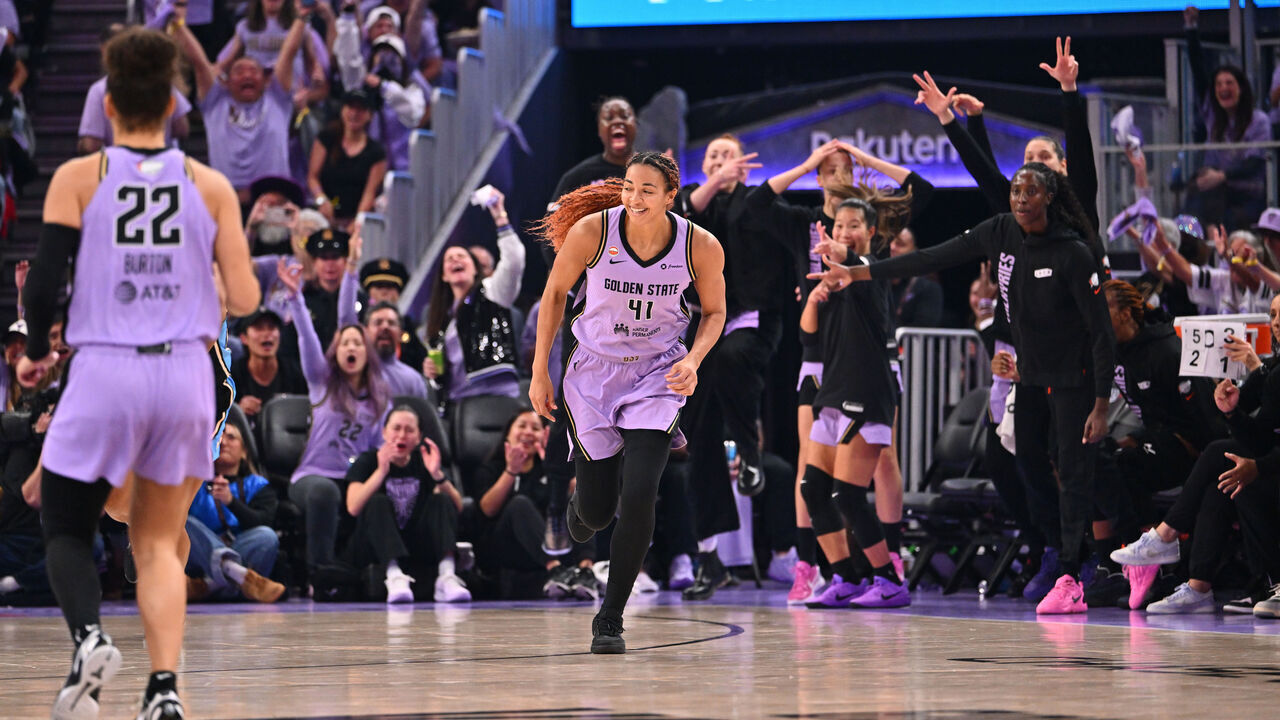 Kiah Stokes celebrates during Game 5 of the 2026 WNBA Finals at Chase Center