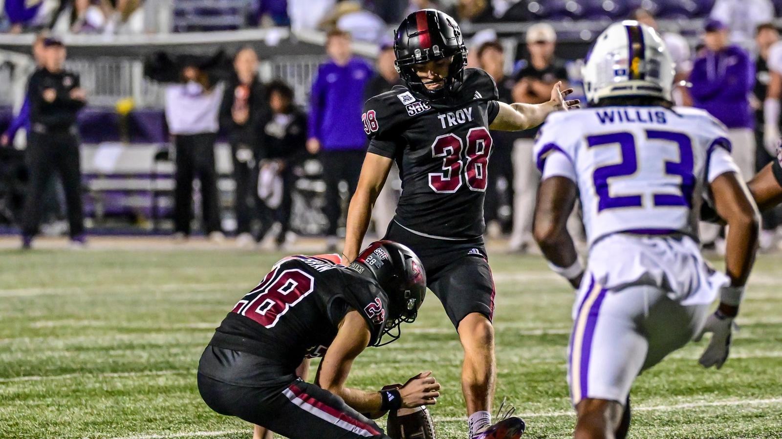 Troy kicker Hayden Wolfe in action at James Madison on Oct. 29, 2026 at Bridgeforth Stadium in Harrisonburg, Va. (Troy University Athletics)