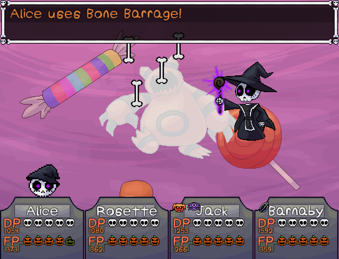 A turn-based battle in HorrorVale as Alice uses Bone Barrage, with the party's status boxes shown along the bottom of the screen
