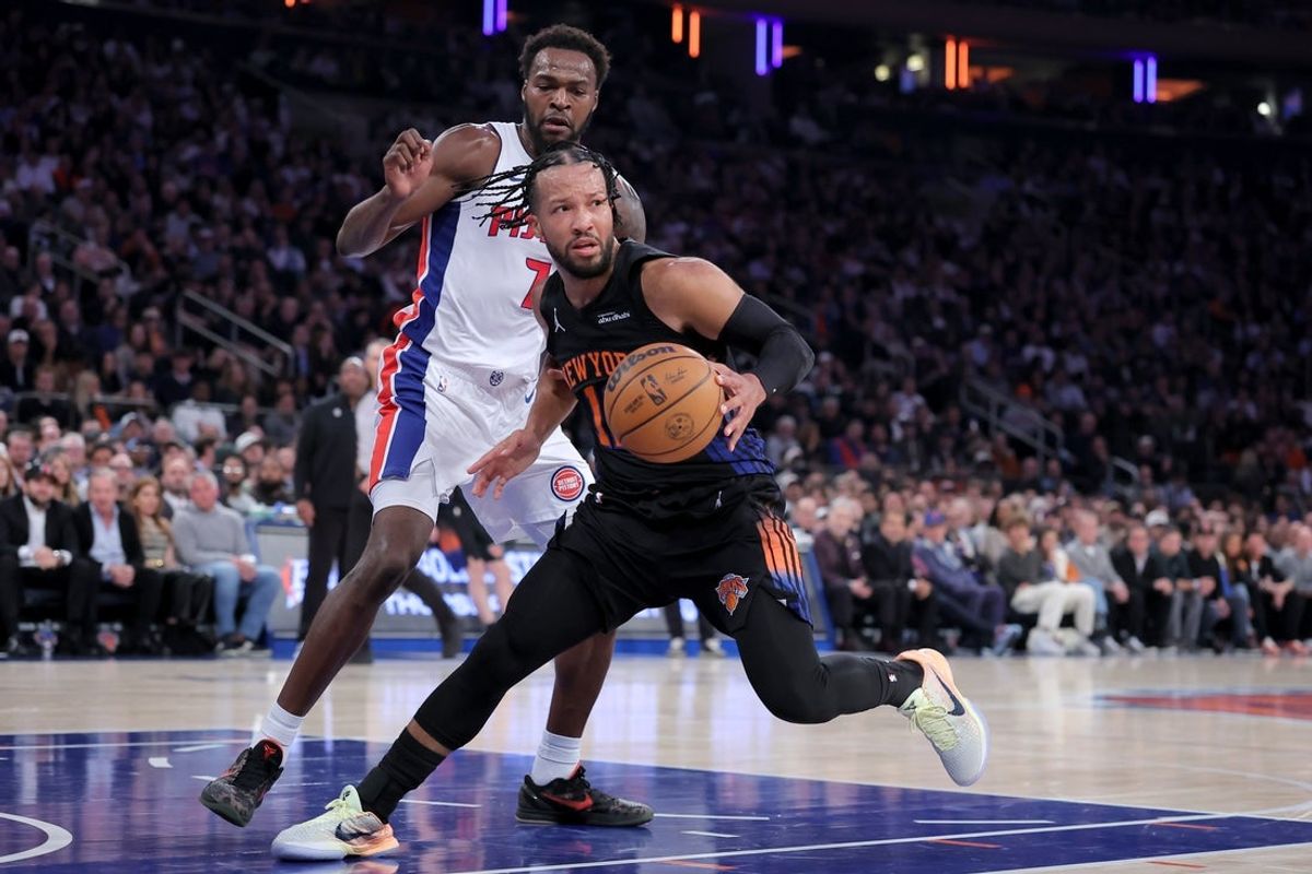 New York Knicks guard Jalen Brunson controls the ball against Detroit Pistons forward Paul Reed on Oct. 27, 2026 at Madison Square Garden