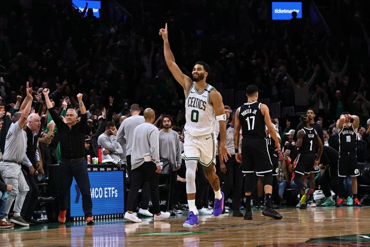 Boston Celtics forward Jayson Tatum celebrates his game-winning shot at the end of overtime against the Brooklyn Nets on Oct. 27, 2026