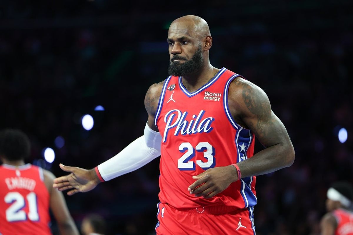 Philadelphia 76ers forward LeBron James reacts after a score against the New York Knicks during the second quarter on Oct. 30, 2026 at Xfinity Mobile Arena in Philadelphia (Bill Streicher/Imagn Images)