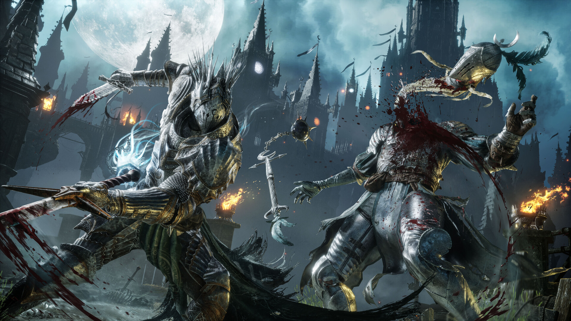 Lords of the Fallen II artwork showing two armored knights in brutal sword combat beneath a full moon, with a dark gothic castle rising behind them