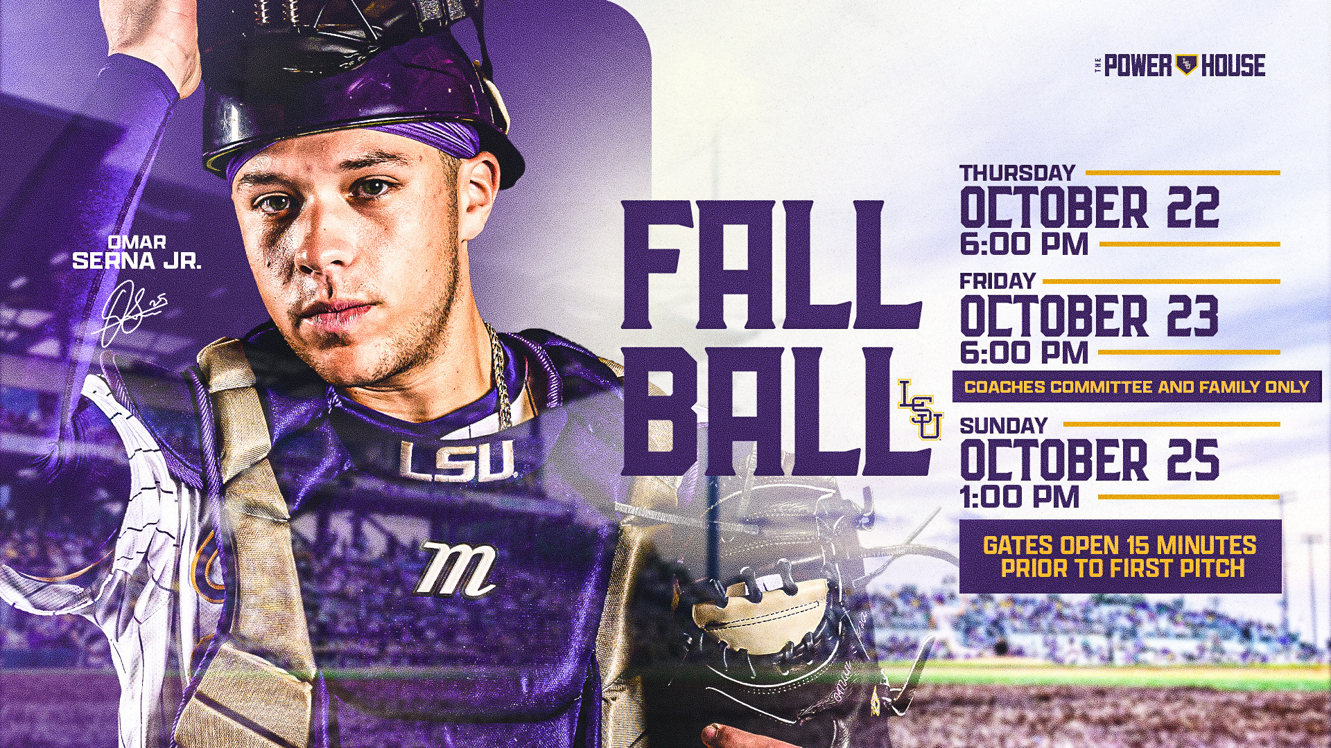 LSU Athletics' fall ball graphic featuring catcher Omar Serna Jr. and the Tigers' October 22-25 scrimmage dates at Alex Box Stadium.