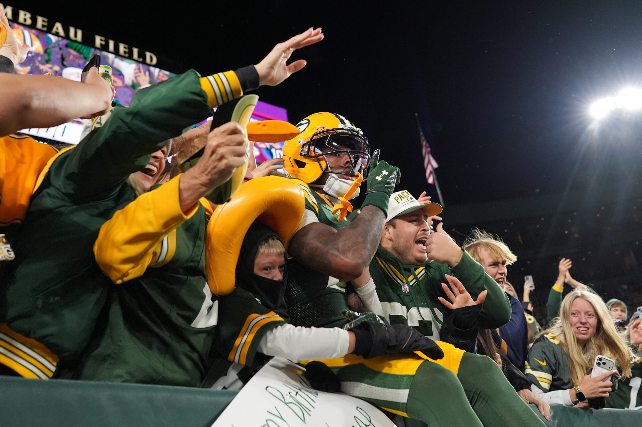 Green Bay Packers wide receiver Matthew Golden celebrates a touchdown with fans against the Carolina Panthers during the second quarter on Oct. 29, 2026 at Lambeau Field in Green Bay, Wis. (Patrick McDermott/Getty Images)