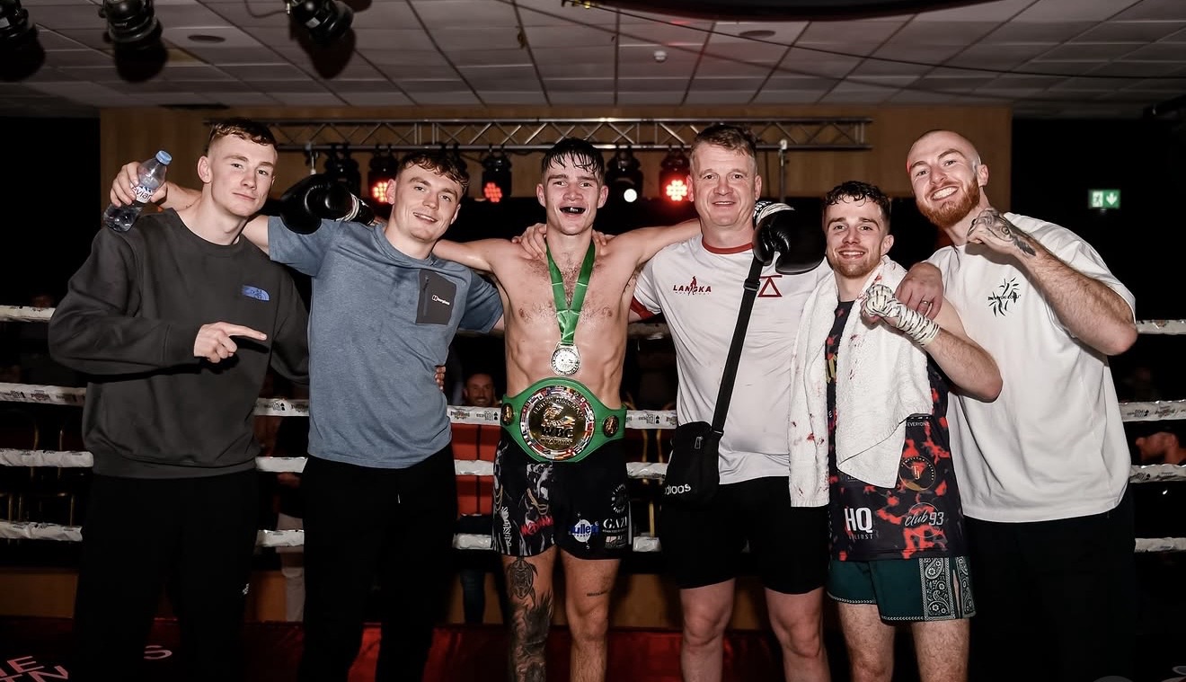 Liam McDonnell celebrates winning the WBC MuayThai British Middleweight title in Belfast. (Photos courtesy of Bloody Shamrock Media)