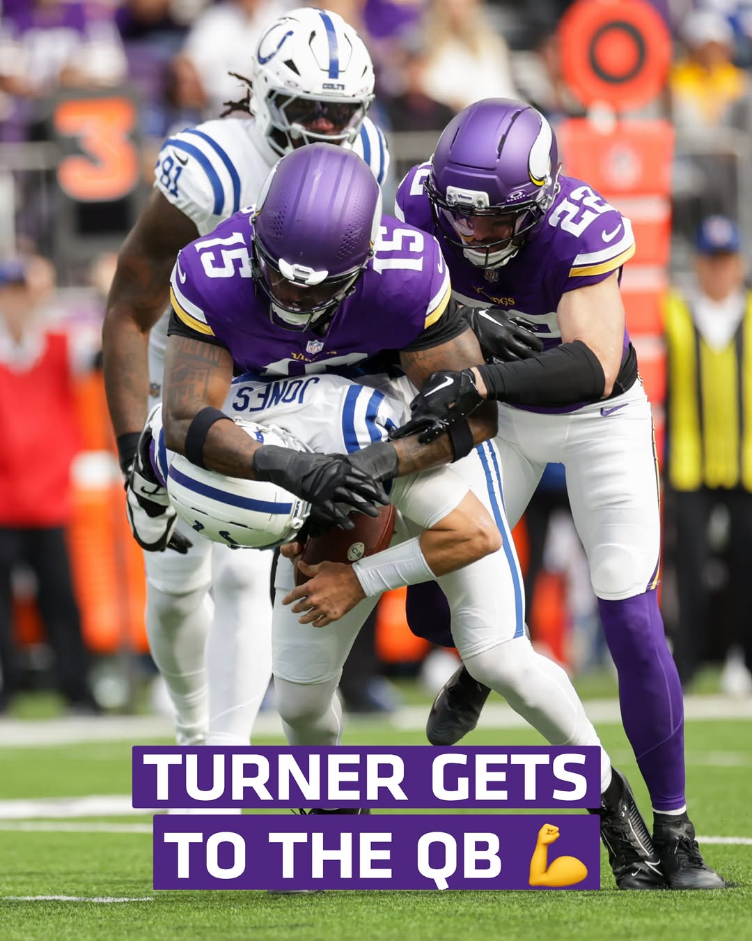 Minnesota Vikings defenders sack the Indianapolis Colts quarterback during the Vikings game against the Colts at U.S. Bank Stadium on October 25, 2026.