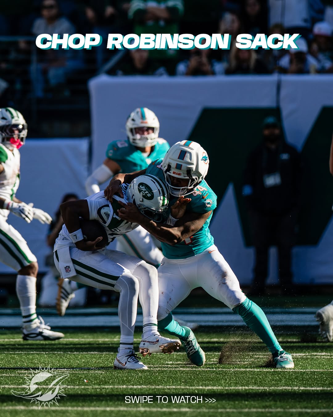 Miami Dolphins defender Chop Robinson sacks the New York Jets quarterback during the Dolphins game against the Jets at MetLife Stadium on October 25, 2026.