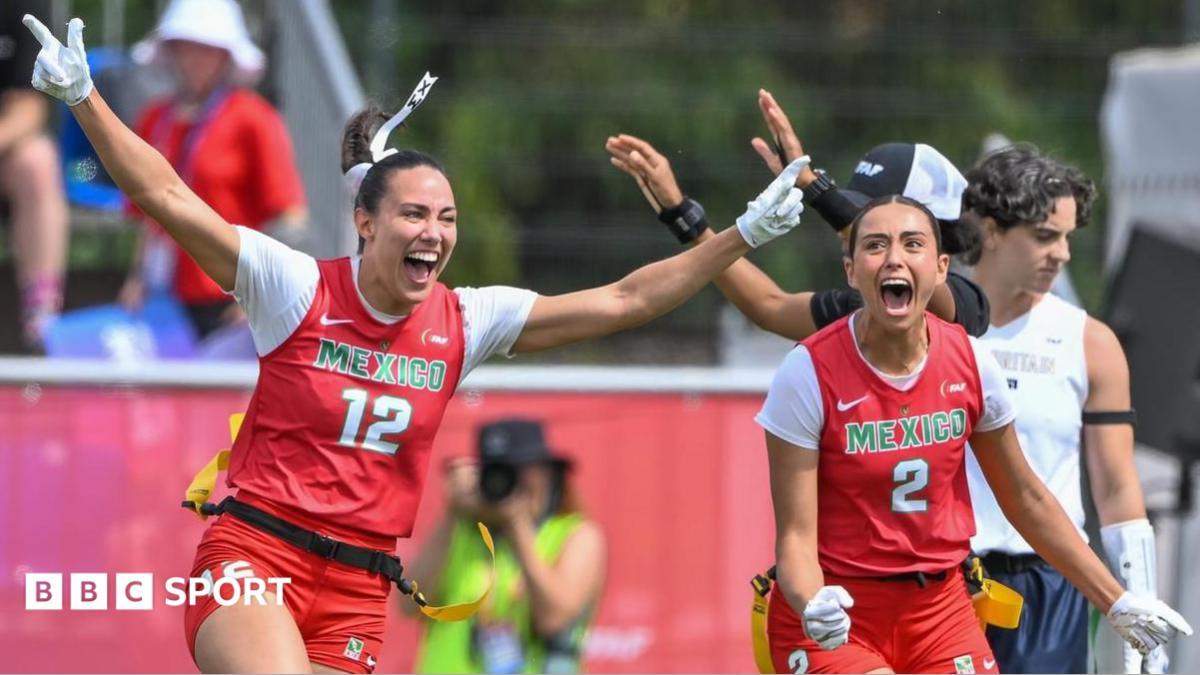 Mexico's players celebrate their bronze medal win over Great Britain at the IFAF World Championships.