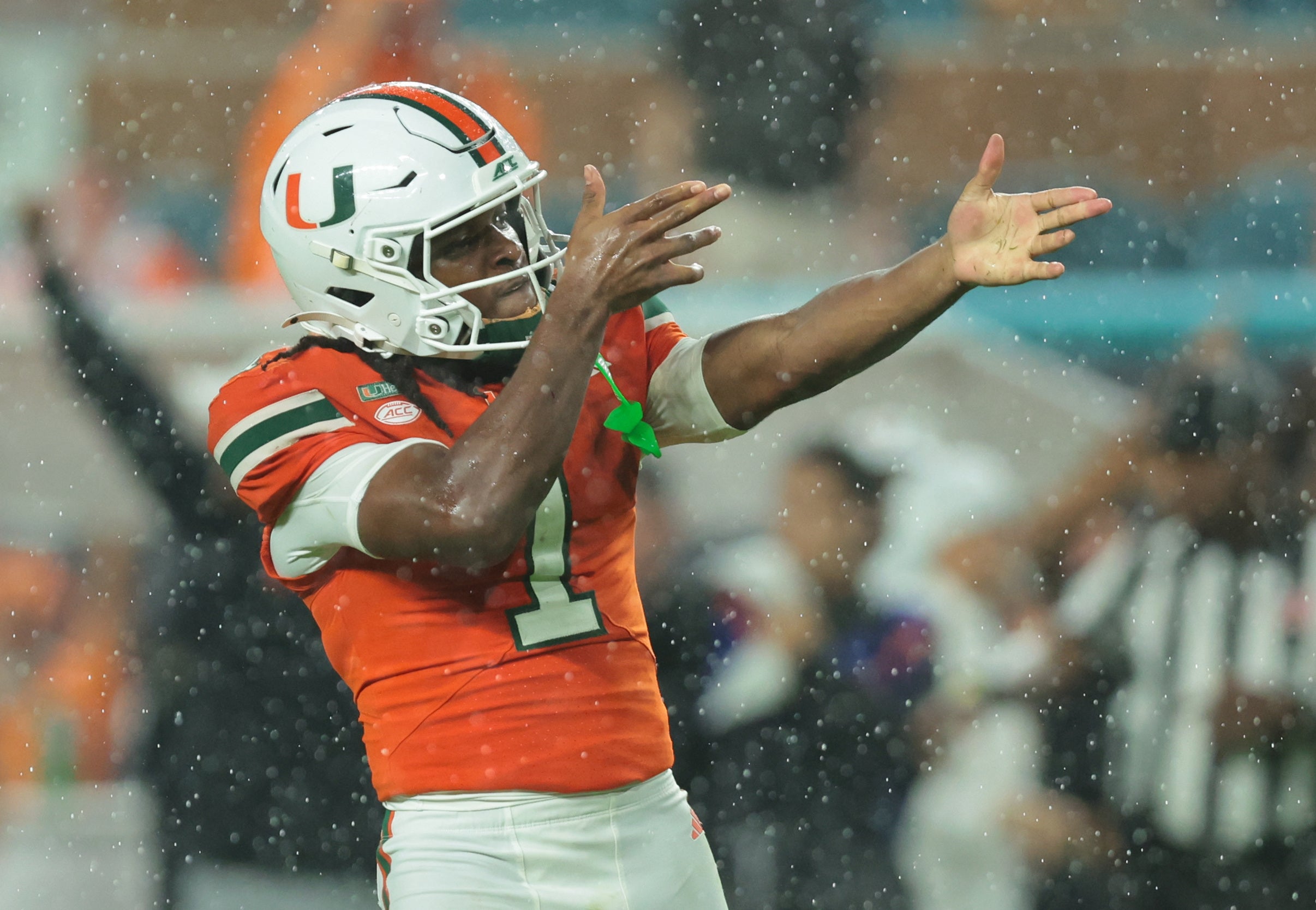 Miami wide receiver Malachi Toney celebrates during the Hurricanes' 43-35 double-overtime win over Florida State.