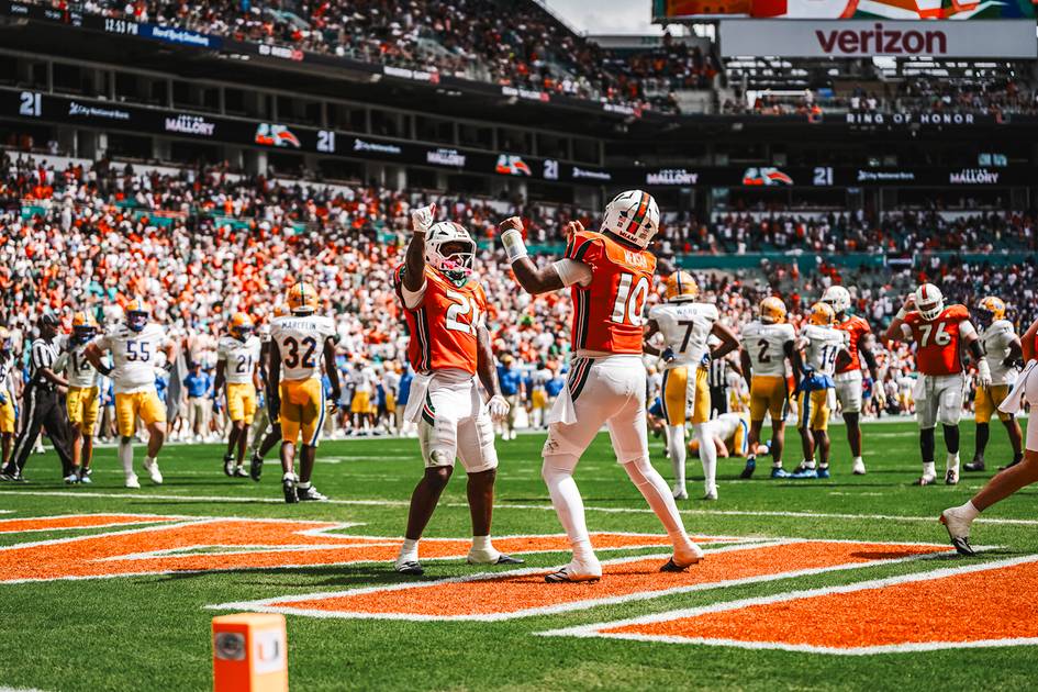 Miami Hurricanes wide receiver Malachi Toney (10) celebrates a touchdown with a teammate in the end zone against Pittsburgh at Hard Rock Stadium (photo: Miami Hurricanes)