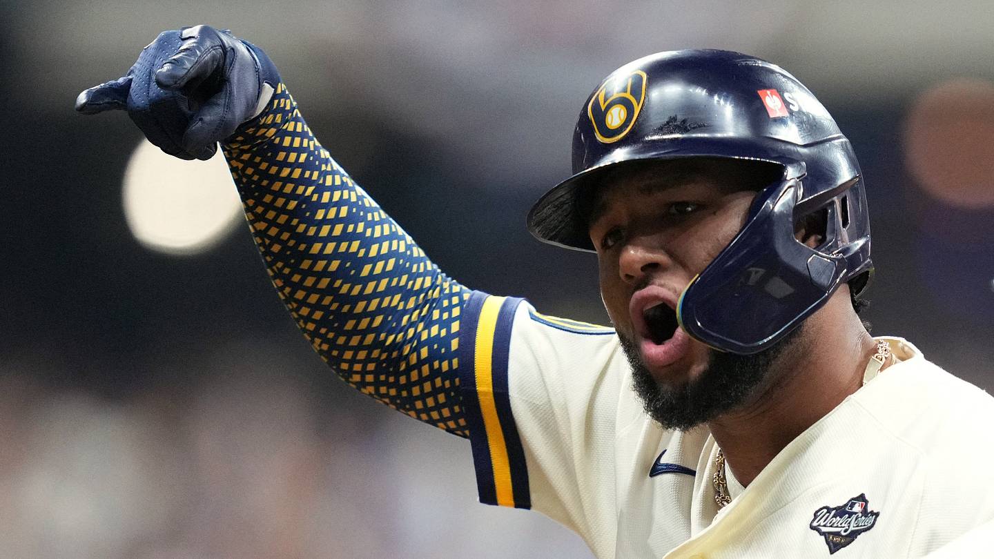 A Milwaukee Brewers player celebrates during Game 1 of the 2026 World Series against the Tampa Bay Rays on Oct. 23, 2026