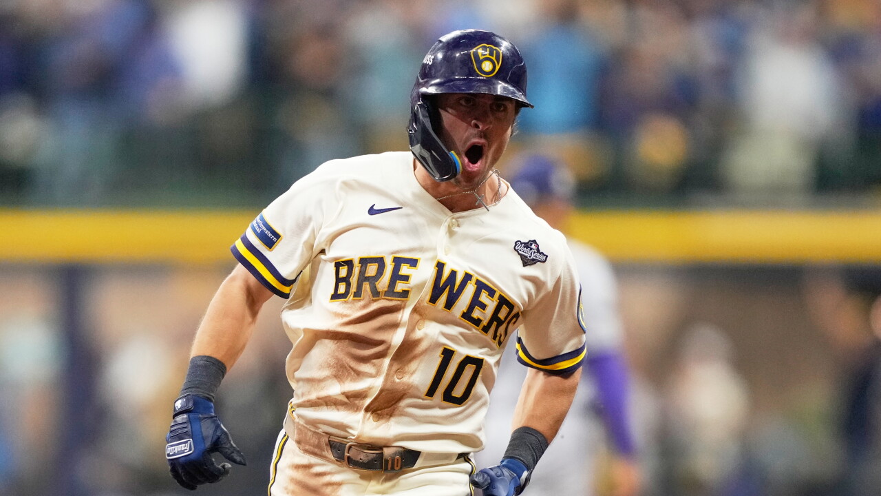 Milwaukee Brewers outfielder Sal Frelick celebrates his game-tying home run in Game 2 of the 2026 World Series on Oct. 24, 2026