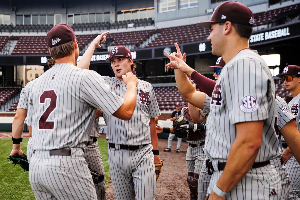 Mississippi State players celebrate during the Bulldogs' fall exhibition against Western Kentucky at Rockabillys Stadium in Jackson, Tennessee.