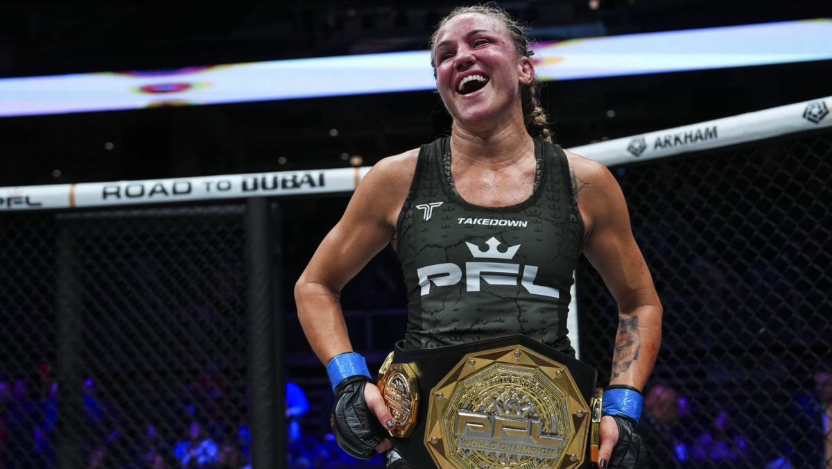 Jena Bishop celebrates becoming the inaugural PFL Women's Flyweight World Champion at PFL Chicago.