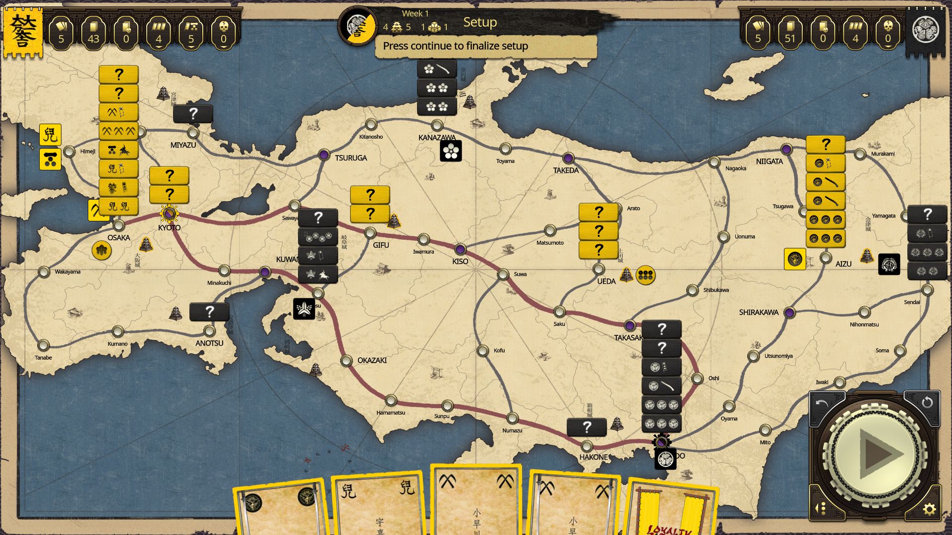 Sekigahara gameplay screenshot showing the campaign map of Japan with army blocks and battle cards