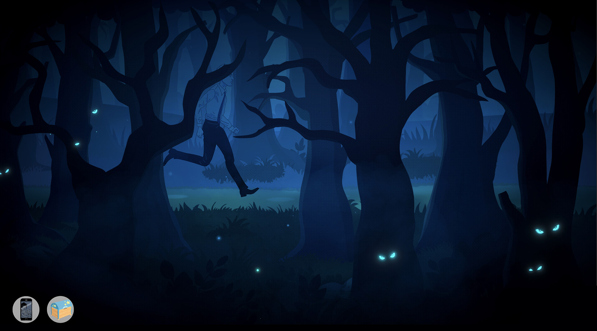 Sleepytime Village gameplay screenshot showing Rufus running through a dark hand-drawn forest at night