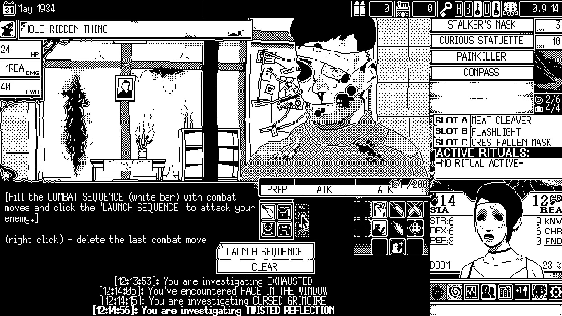 WORLD OF HORROR gameplay screenshot showing a 1-bit combat sequence against the Hole-Ridden Thing with inventory and character stats