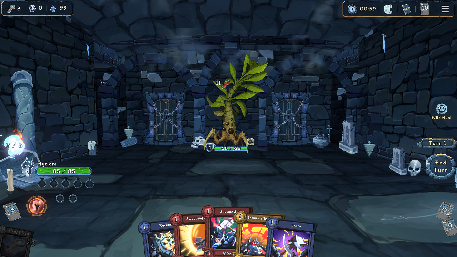 Into the Crypt gameplay screenshot showing a first-person card battle in a stone crypt with a hand of cards and an End Turn button