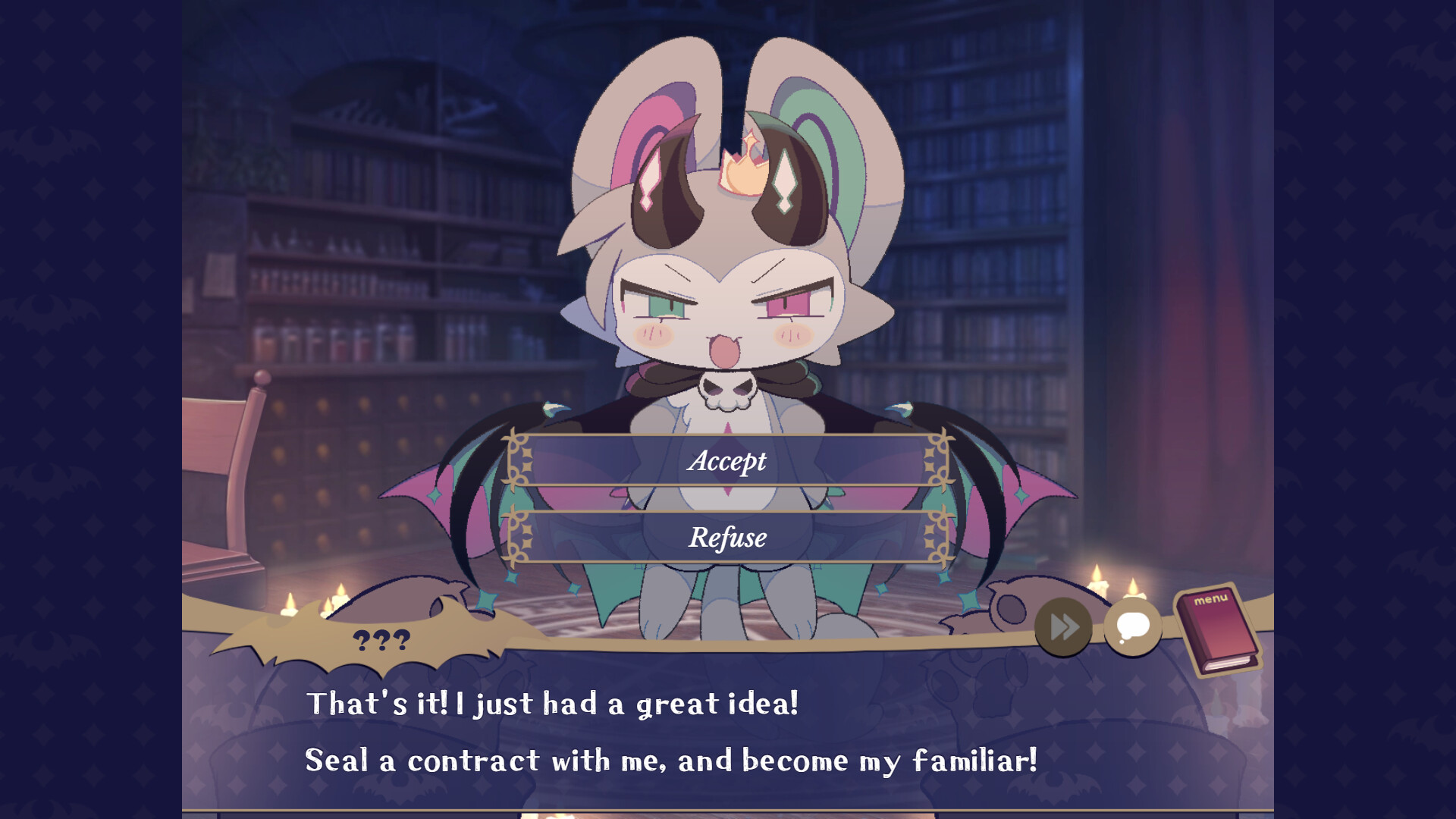 Devil Connection gameplay screenshot showing the demon Devilun in a dialogue scene with Accept and Refuse choices