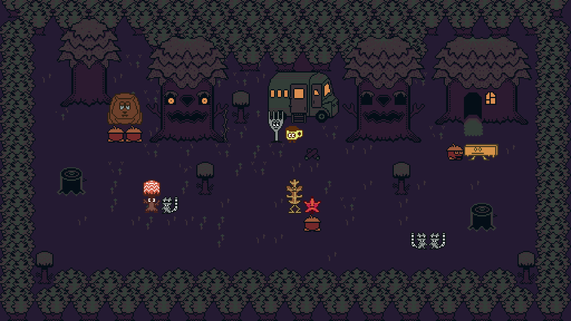 Gumball and the Shrink Ray gameplay screenshot showing a top-down pixel-art forest at night with characters and a camper